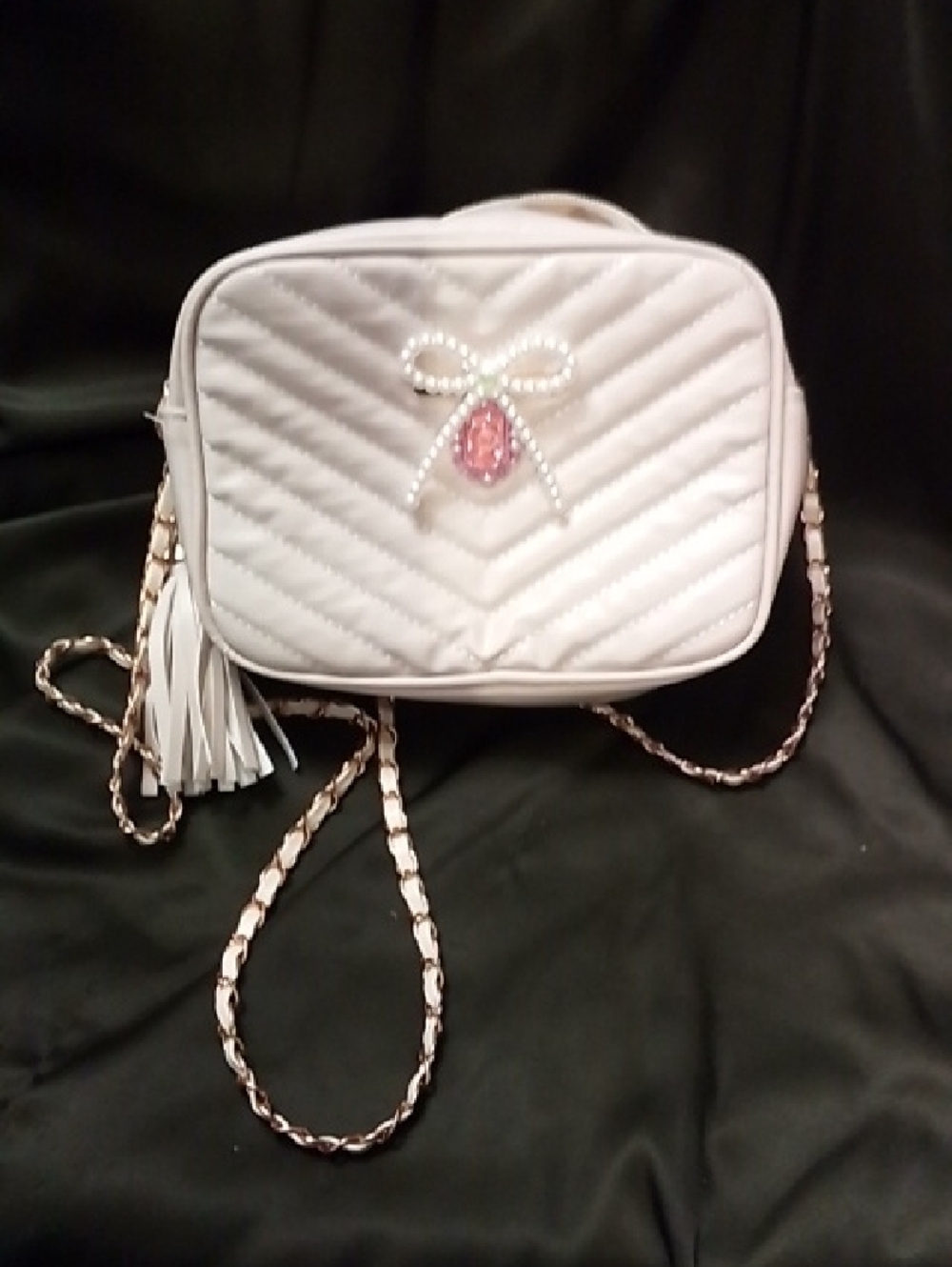 Hand Crafted White Quilted Crossbody with Pearl Bow and Pink Jewel